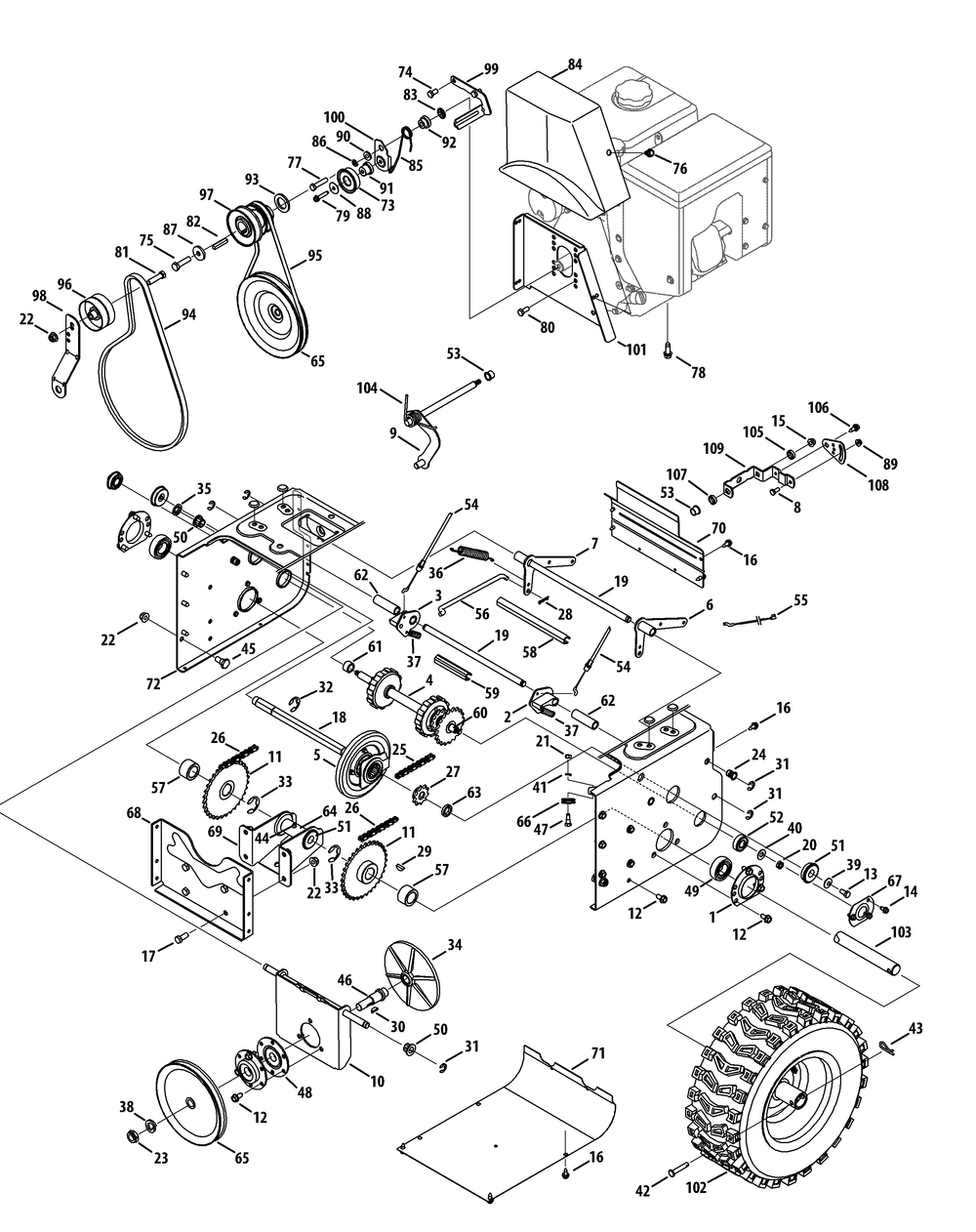 Drive System Diagram and Parts List for 2X945SWE (31AH97SW756-31BH97SW710)(2013) Cub Cadet Snow Blower